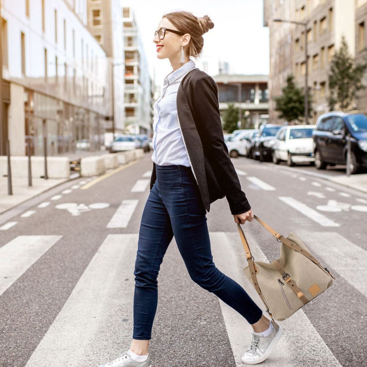 Ladies Canvas Tote Bag Multifunctional Purse Handbag Adjustable Shoulder Rucksack Convertible Backpack Wear-Resistant Dirt-Proof For Women School Office Travel