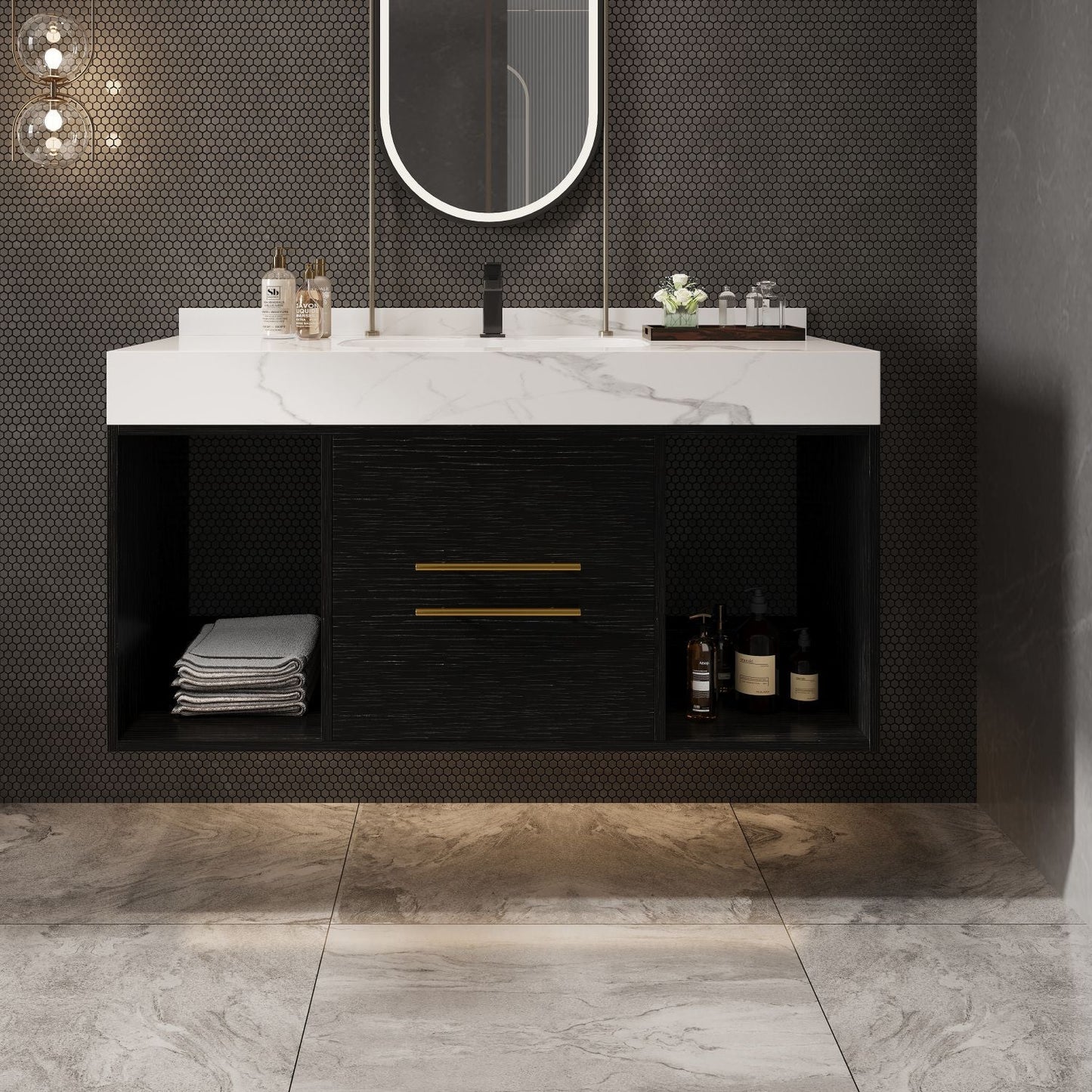 39.4" Bathroom Vanities with Ceramic Sink,Floating Bathroom Vanity,Wall Mounted Storage Cabinet with 2 Drawers and 2 Storage Spaces,Modern Bathroom Sink Cabinet with Metal Handles