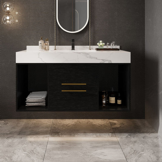39.4" Bathroom Vanities with Ceramic Sink,Floating Bathroom Vanity,Wall Mounted Storage Cabinet with 2 Drawers and 2 Storage Spaces,Modern Bathroom Sink Cabinet with Metal Handles