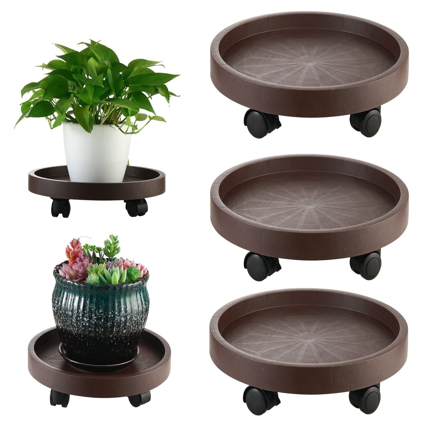 8 Pack Plant Caddy with Wheels Heavy Duty 12.2 Inch Plant Dolly with Locking Casters Rolling Plant Stand for Indoor Outdoor, Brown