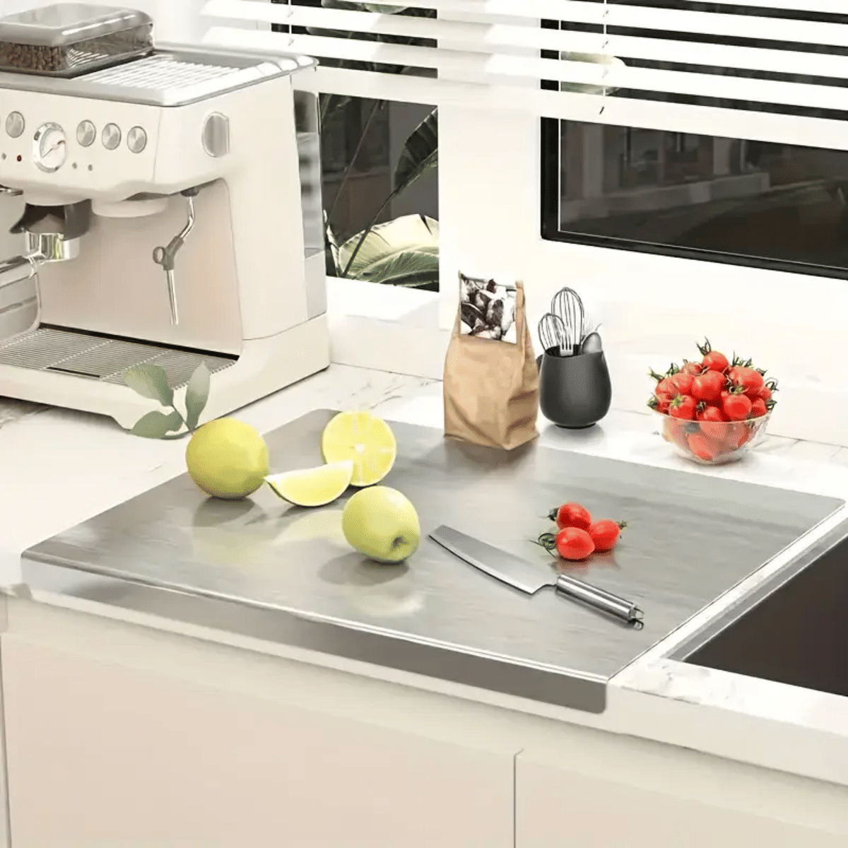 Stainless Steel Cutting Board with Lip for Kitchen Chopping Boards for Countertop Large Metal Cutting Board over Sink Suitable for Meat Fruits Vegetables Bread Noodle and Pizza Bamboo Knives