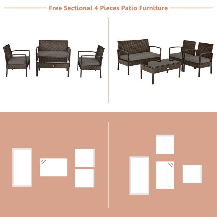 4 Pieces Patio Rattan Cushioned Furniture Set with Loveseat and Table Outdoor Conversation Sets