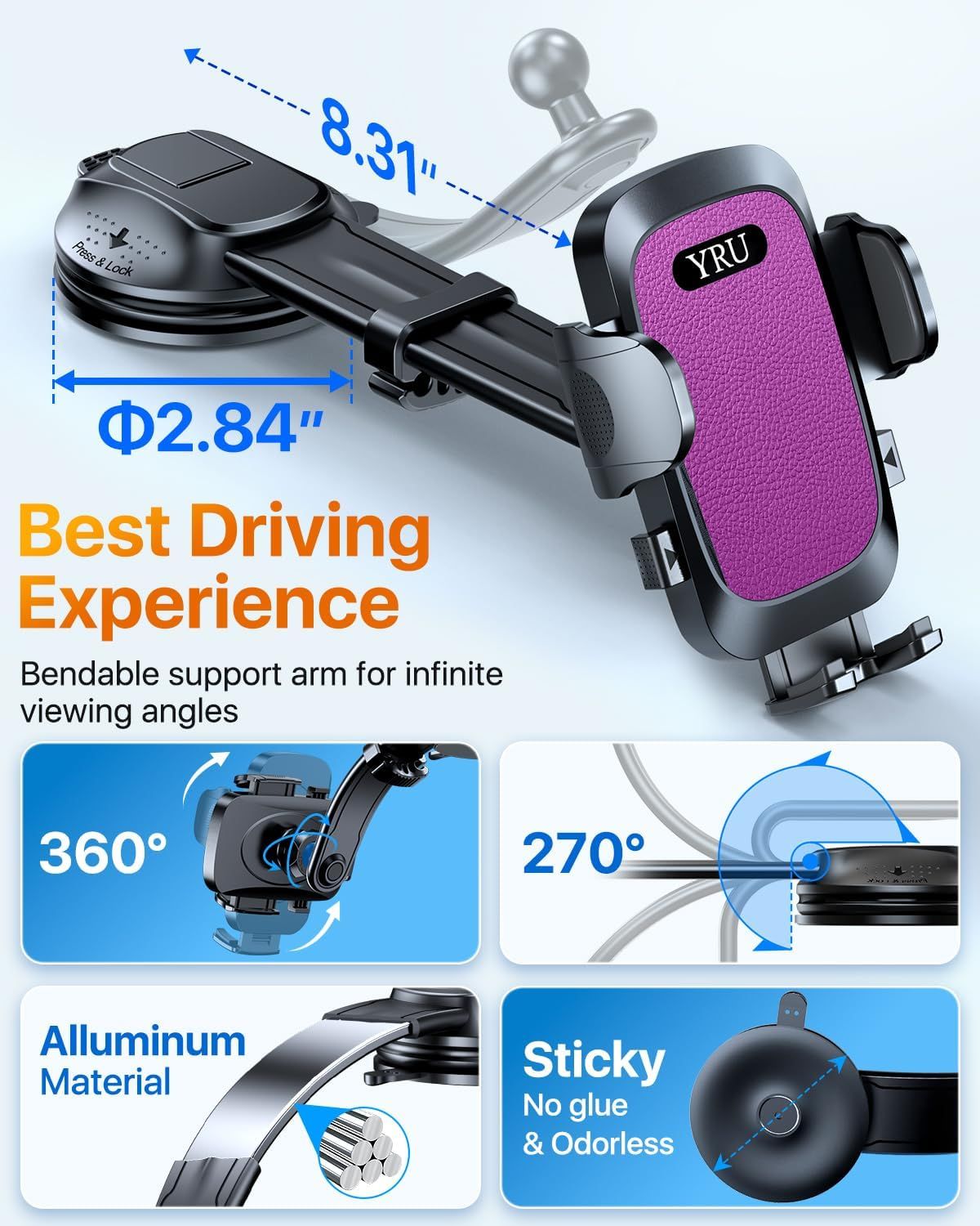 2026 Ultimate Car Phone Holder Mount Bendable & Adjustable Aluminum Arm Cell Phone Holder for Car Dashboard Windshield Phone Stand for iPhone 17 16 15 14 Pro Max Samsung Pickup Truck