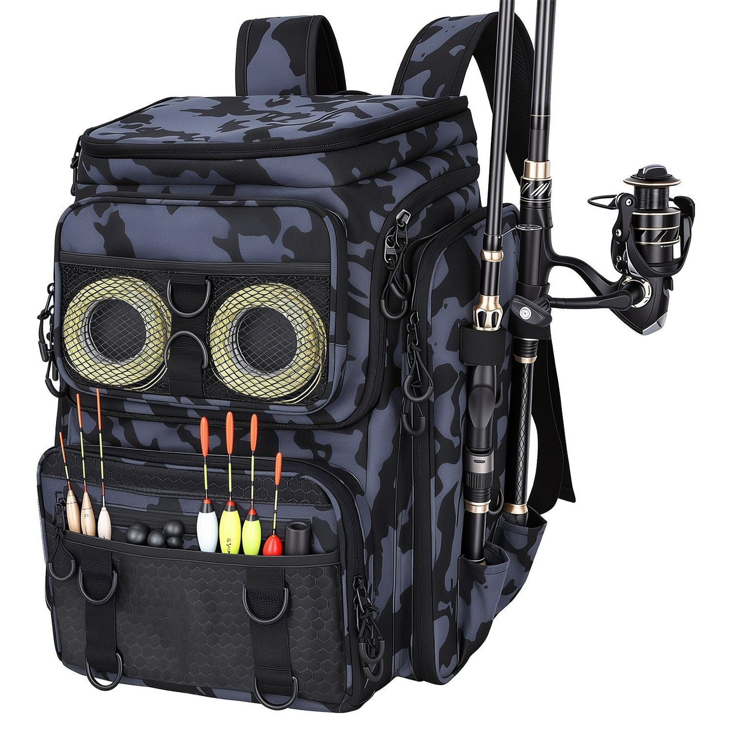 42L/11Gal Fishing Backpack Large Capacity Fishing Tackle Storage Bag with Rod Holders 16-Pocket Water-Resistant with Divider Adjustable Padded Straps for Fishing Gear Outdoor Camping Hiking
