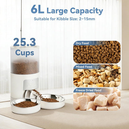 6L Automatic Cat Feeder for 2 Cats, Timed Cat Food Dispenser with 2 Stainless Bowls, 10s Voice Recorder, Dual Power Supply, 6 Meals 50 Portions Per Day, Dual Pet Feeder for Cat and Dog