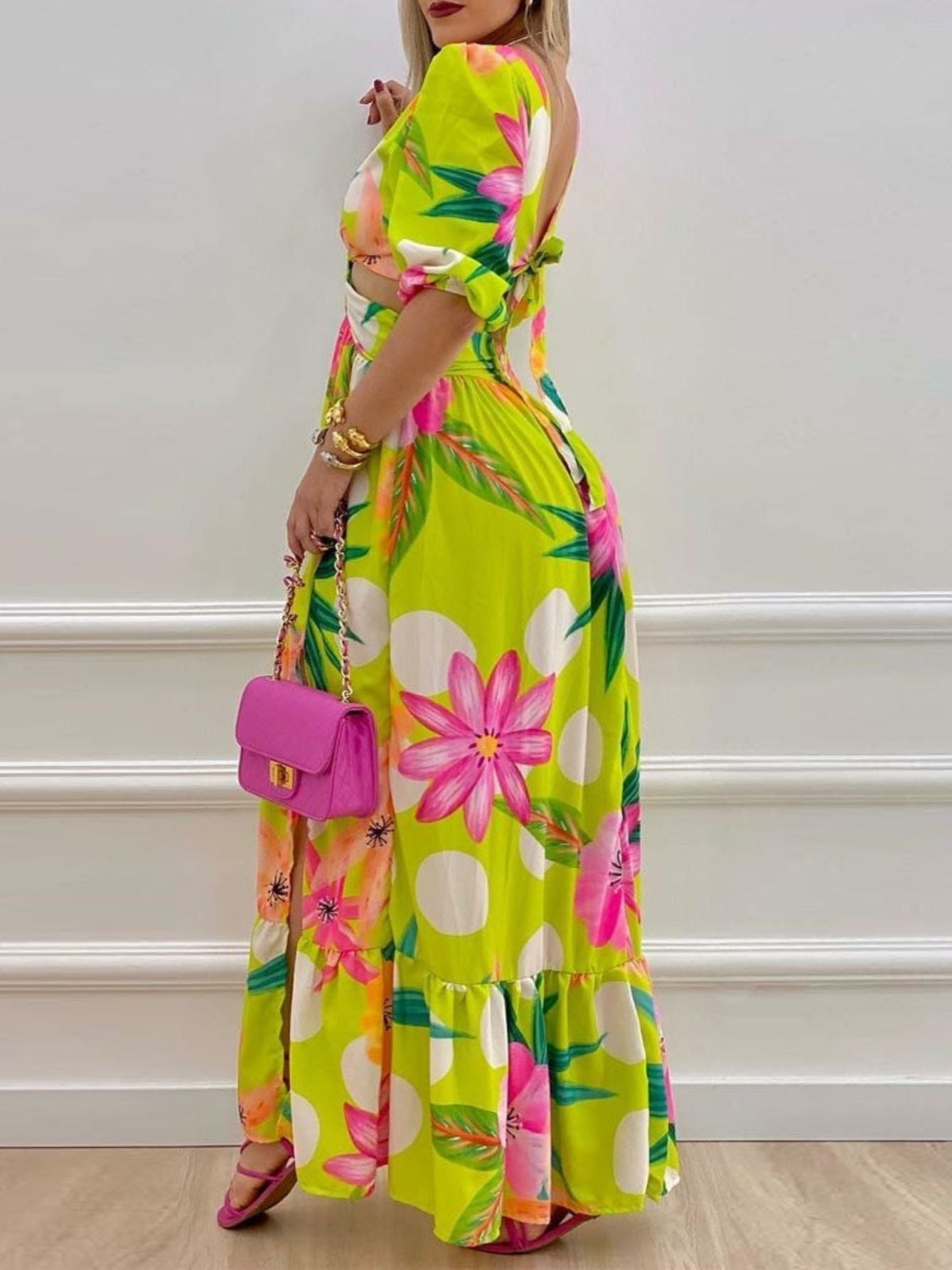 Women's Dresses V Neck Cutout Vintage Floral Print Long Dresses