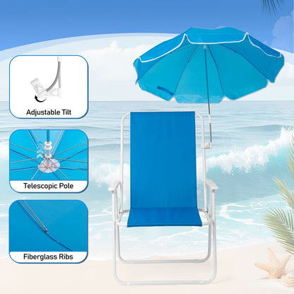 1 Pack Heavy Duty Steel Beach Chair with Umbrella, XL Size 15" Seat Height Royal Blue, Oxford Cloth with Support Bar, Single Position Adjustable, 120kg Load