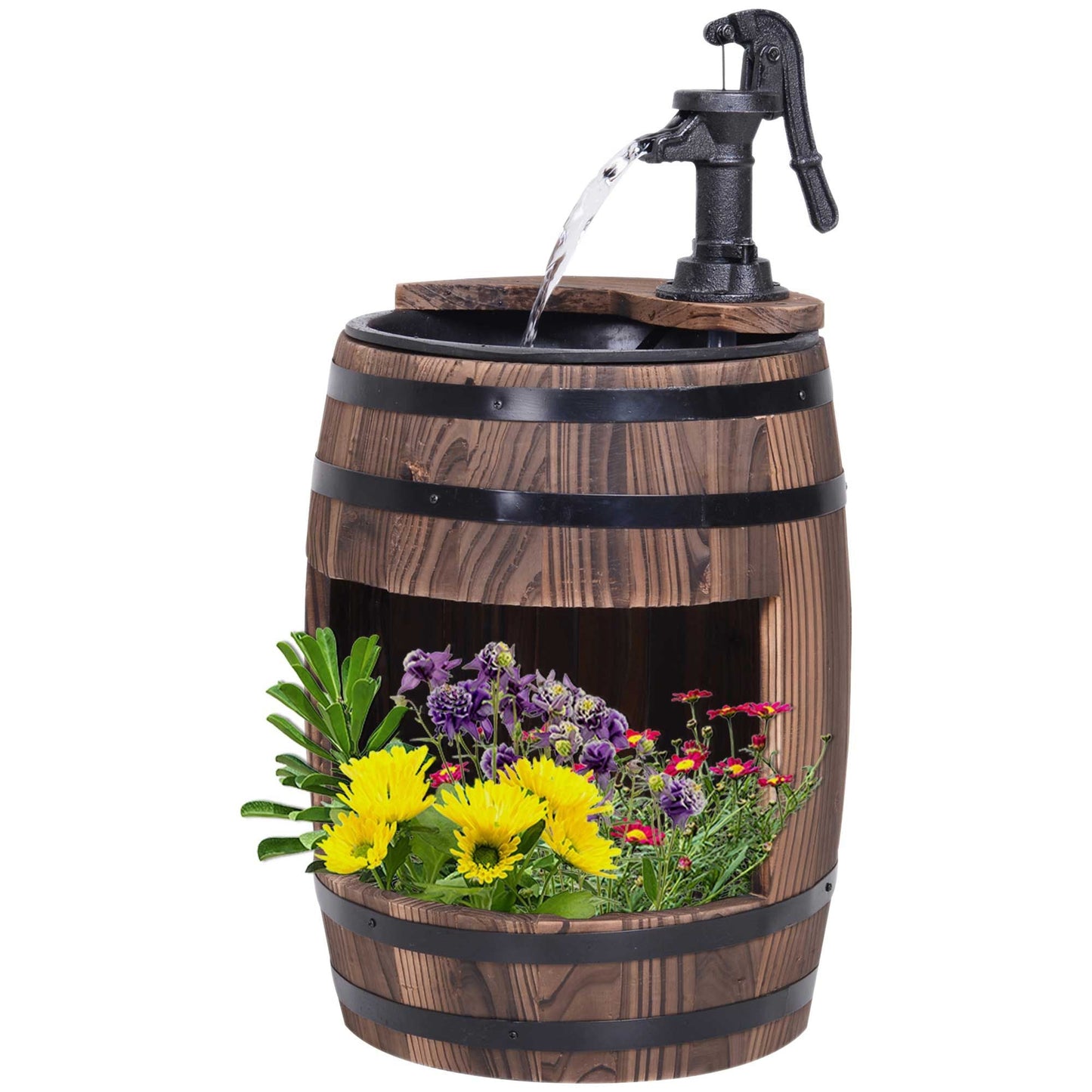2-Tier Wooden Water Pump Fountain with Flower Box Base Durable Design for Garden Decor
