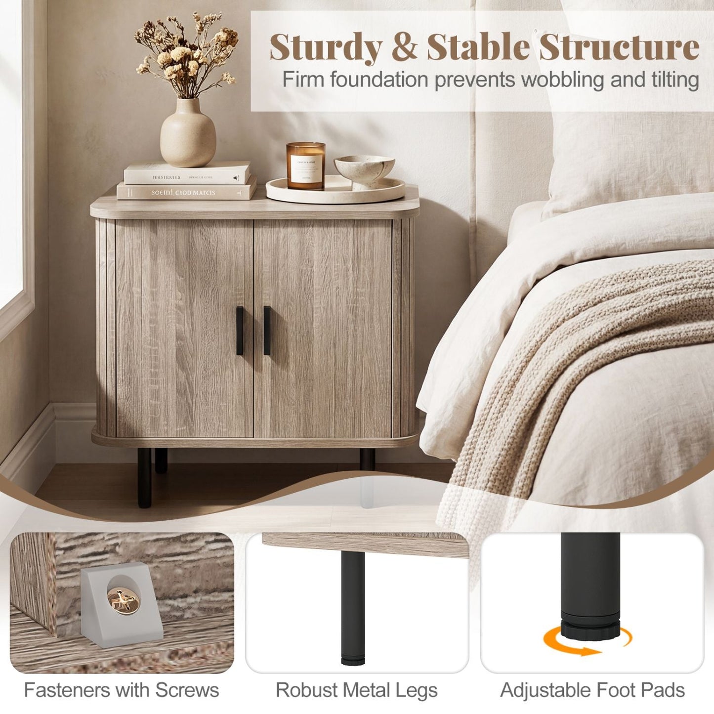 End Table Modern Mid Century Nightstand with Sliding Tambour Doors and Storage Shelf