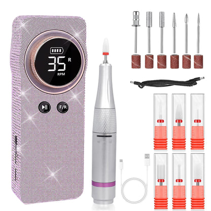 Portable Electric Nail Drill 35000RPM Nails Milling Cutter Wireless Pedicure Grinder Rechargeable Nail Drilling Machine (Silver)