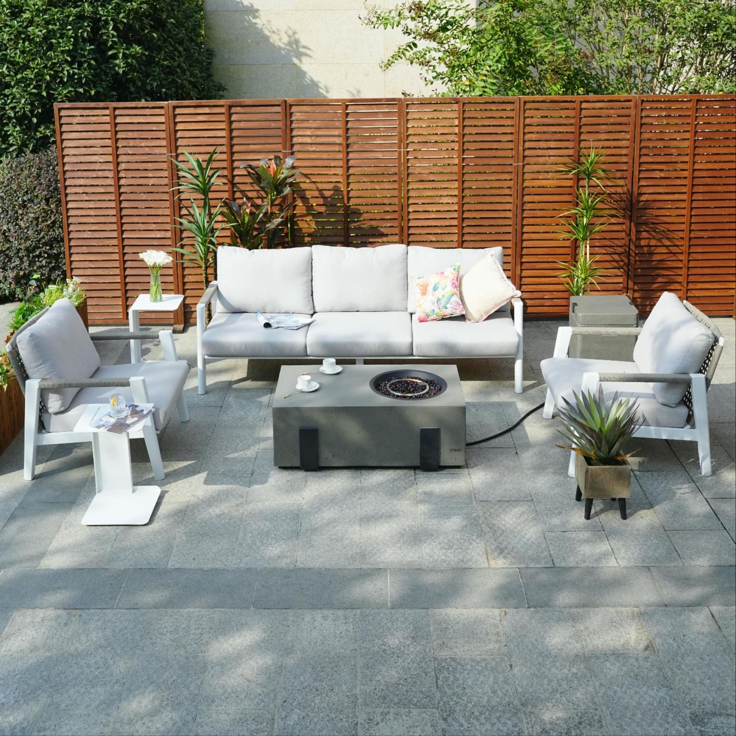 7-Piece Patio Aluminum Sofa Set with Rectangular Firepit Table & Side Table