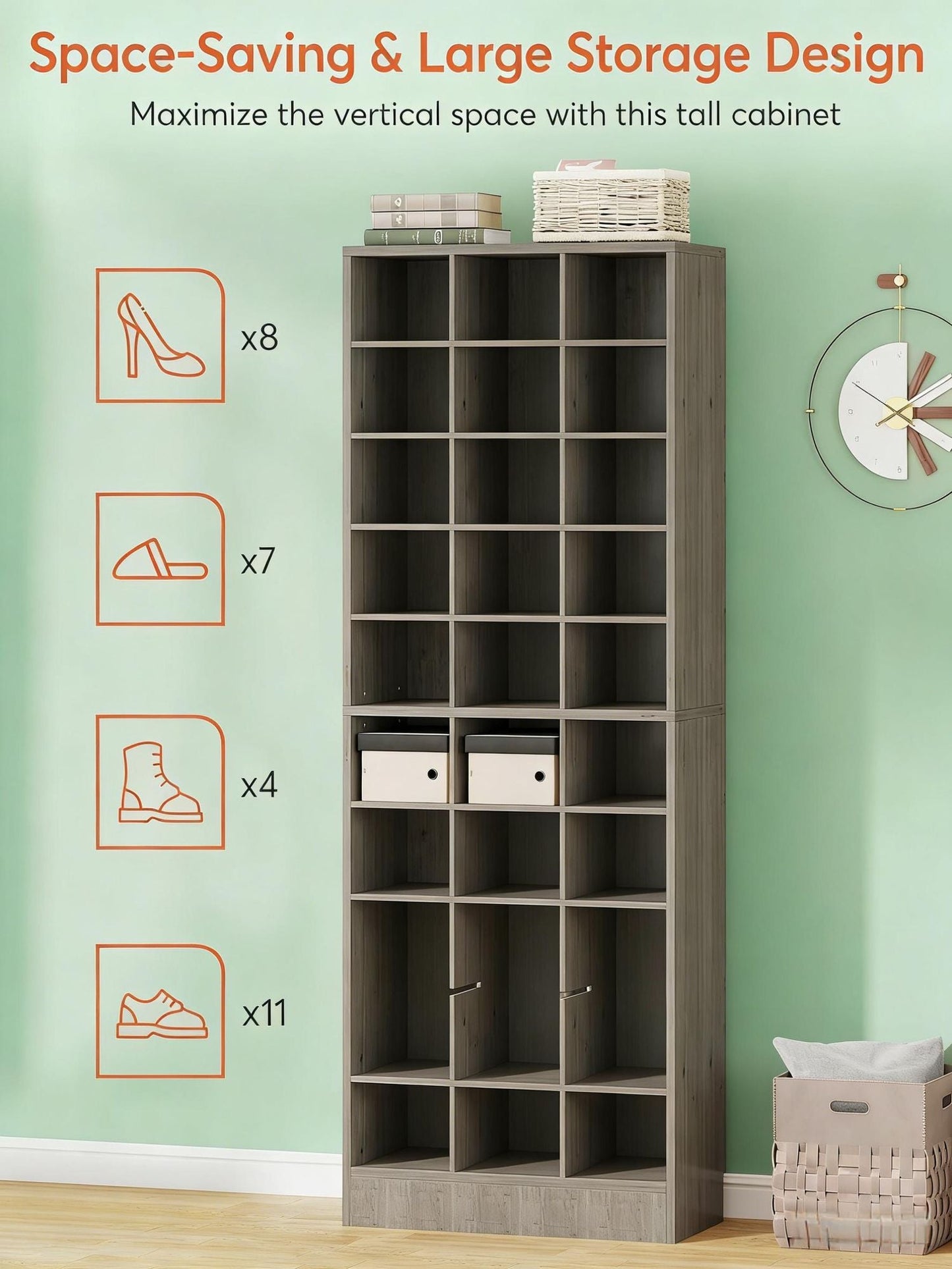 Freestanding Shoe Cabinet, Wooden Shoe Storage Rack with 30 Cubbies