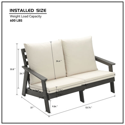 HIPS Loveseat with Cushion, Wood Grain Outdoor Garden Sofa, Sofa Set for Porch, Poolside, Terrace, and Yard Grey/Beige