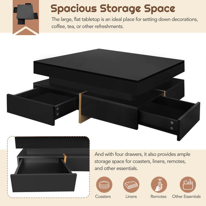 Sleek Black High Gloss Modern Coffee Table with 4 Drawers for Organized Living Rooms, Square Design with Wood Grain Legs, Ideal Cocktail Table 31.5''x31.5''