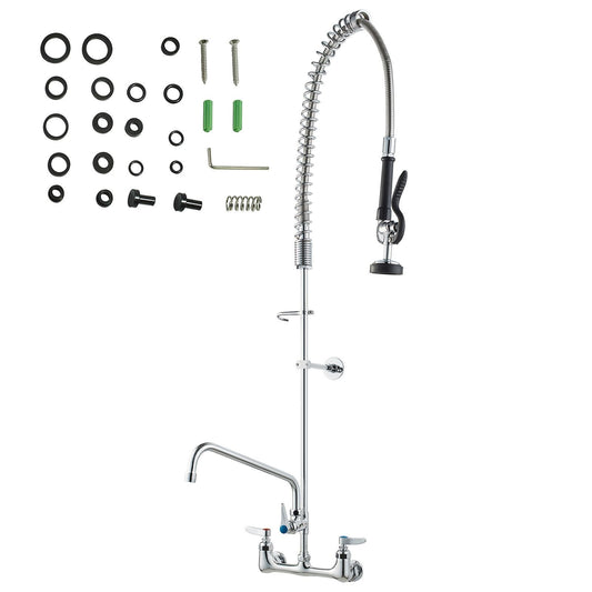 Wall-Mounted Kitchen Faucet, 47" Tall, 8" Apart, with 12" Rotating Spout and Pre-Rinse Spray, Brass Build, Pull-Down Feature for Multi-Compartment Sinks