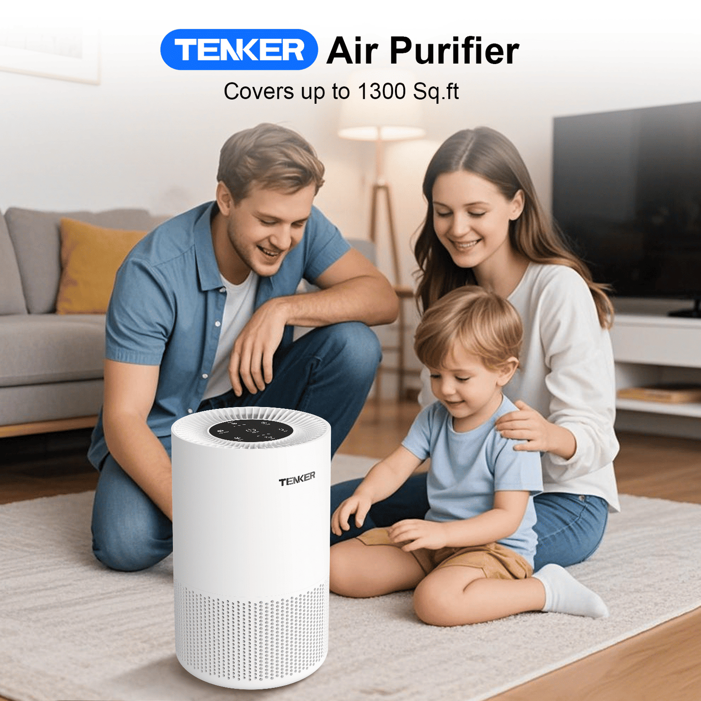 TENKER AP-6980 Air Purifier White US 1300ft² Large Rooms H13 Heap 3-Stage Filtration 3 Speeds 3 Timer w/Light Air Cleaner Machine