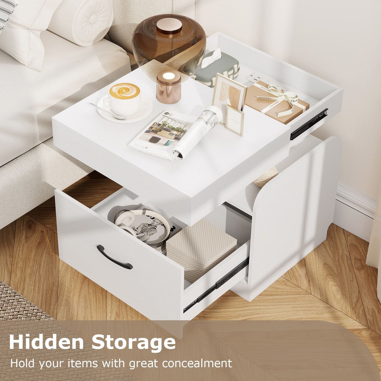 Nightstand with Charging Station Modern Bedside Table for Living Room Bedroom Office