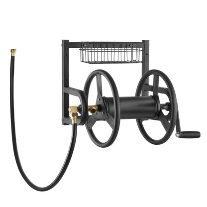 Wall Mounted Garden Hose Reel, Holds 125 ft 5/8-inch Hose, Heavy-Duty Water Hose Winder, Space-Saving Design, Outdoor Manual Reel with Brass Fitting and Storage Basket for Yard Lawn