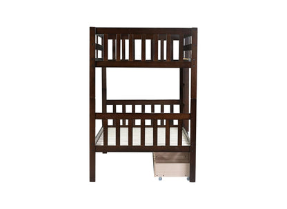 Twin Over Twin Rubber Wood Bunk Bed with 2 Drawers, Convertible into 2 Twin Beds, Twin Size Bunk Bed with Ladder and Safety Guardrails