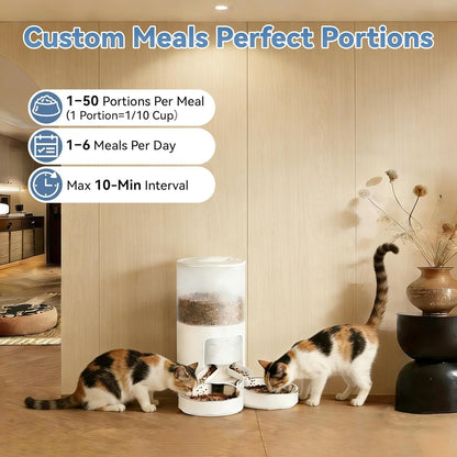 6L Automatic Cat Feeder for 2 Cats, Timed Cat Food Dispenser with 2 Stainless Bowls, 10s Voice Recorder, Dual Power Supply, 6 Meals 50 Portions Per Day, Dual Pet Feeder for Cat and Dog