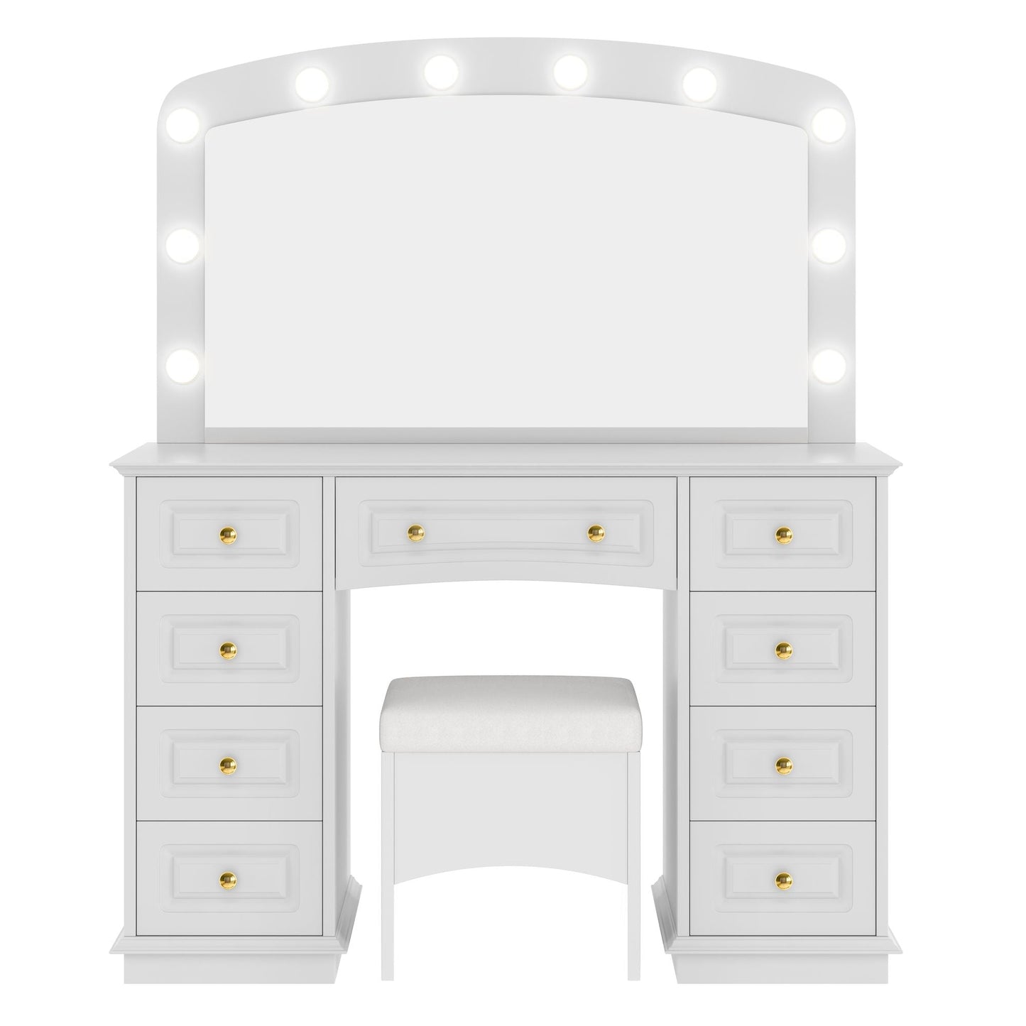 Luxurious Makeup Vanity with 10 Hollywood Bulbs, 3 Color Lighting Modes, Classic Dressing Table with Cushioned Stool and 9 Storage Drawers for Bedroom