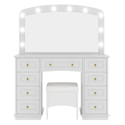 Luxurious Makeup Vanity with 10 Hollywood Bulbs, 3 Color Lighting Modes, Classic Dressing Table with Cushioned Stool and 9 Storage Drawers for Bedroom