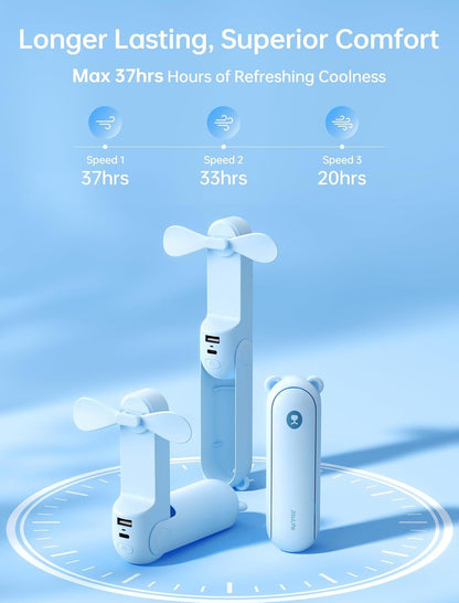 Handheld Fan with 4500 mAh Powerbank Max 37 Hours Runtime, Pocket Portable Battery Operated or USB Powered Folding Personal Fan, 3 Speeds, Gifts for Women Men Kids Gift for Festival