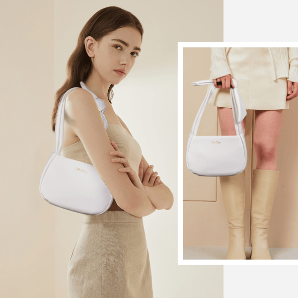 Hobo Hand Bag for Womens, Small Vegan Leather Hobe Handbag Shoulder Purses for Women with Zipper-White