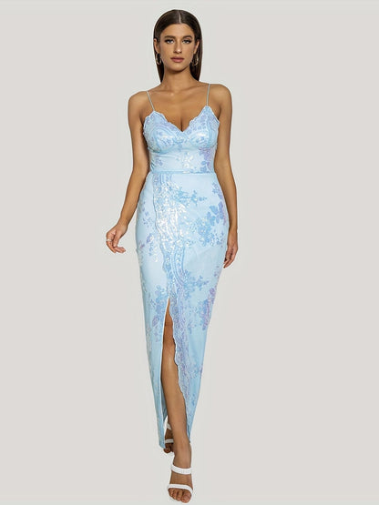 Floral Sequined Dress, Sexy Spaghetti Strap Sleeveless Party Dress, Women's Clothing