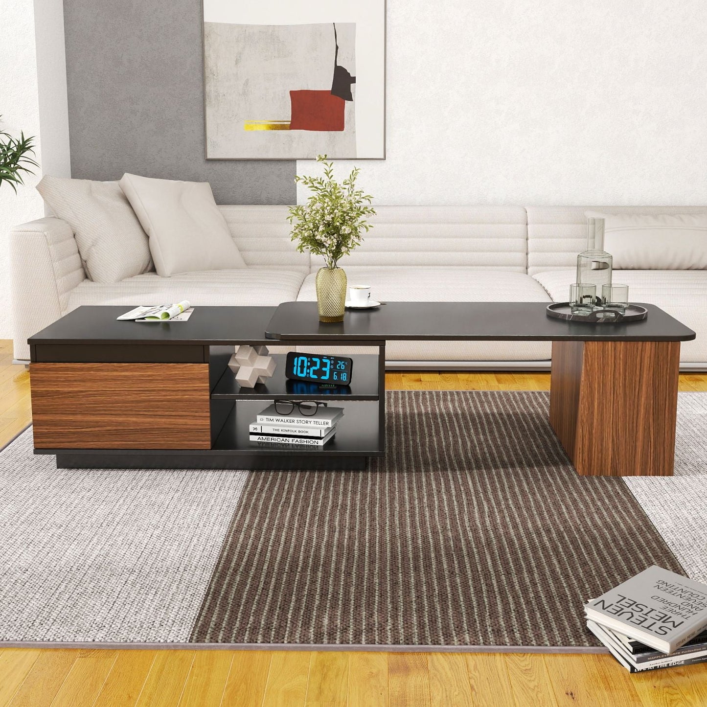 Versatile Extendable Wood Coffee Table with Adjustable Length & Dual Storage Drawers for Modern Living Rooms