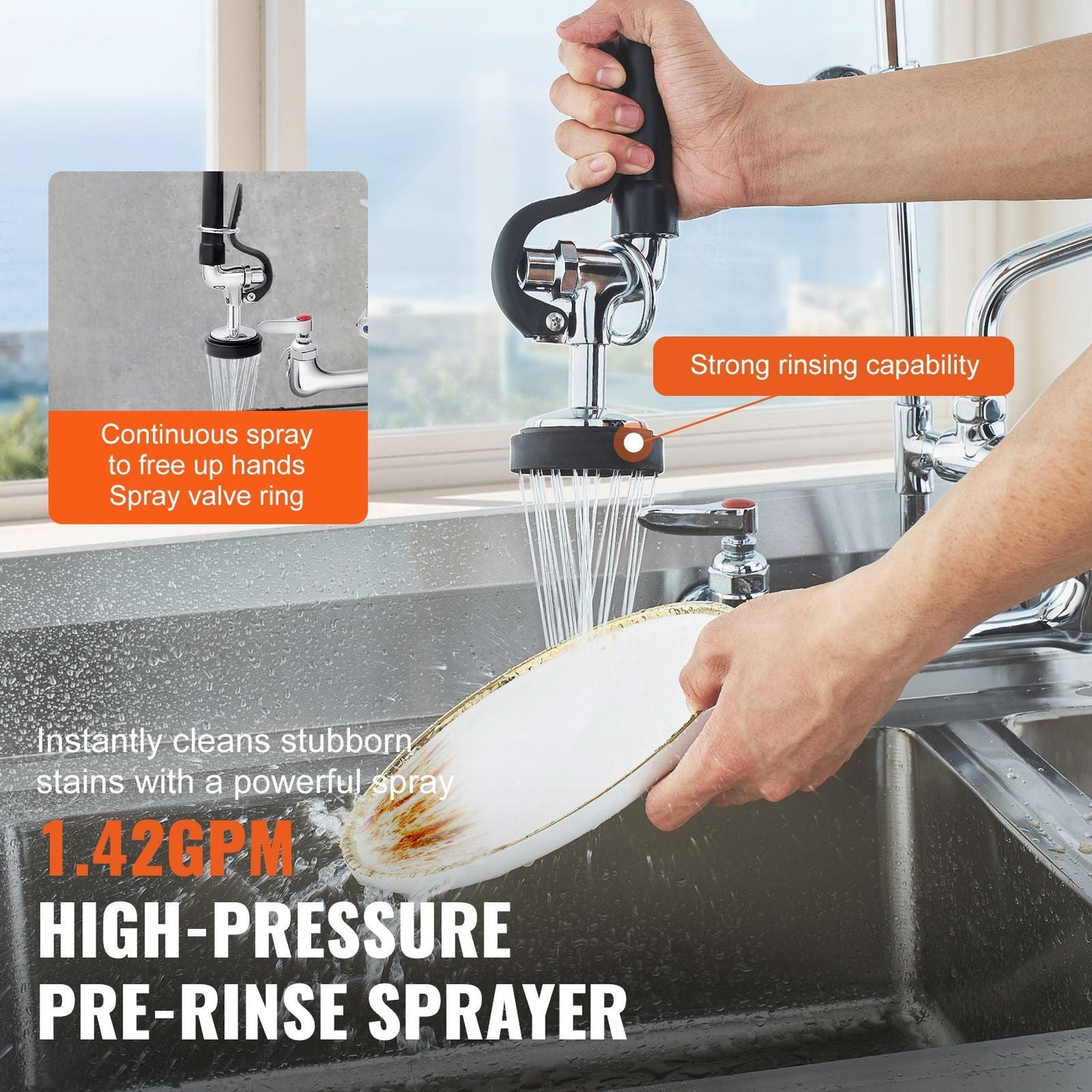 Wall-Mounted Kitchen Faucet, 47" Tall, 8" Apart, with 12" Rotating Spout and Pre-Rinse Spray, Brass Build, Pull-Down Feature for Multi-Compartment Sinks