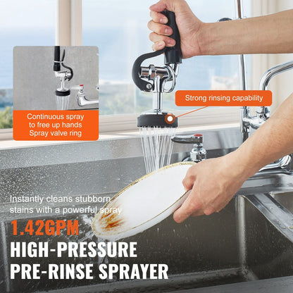 Wall-Mounted Kitchen Faucet, 47" Tall, 8" Apart, with 12" Rotating Spout and Pre-Rinse Spray, Brass Build, Pull-Down Feature for Multi-Compartment Sinks