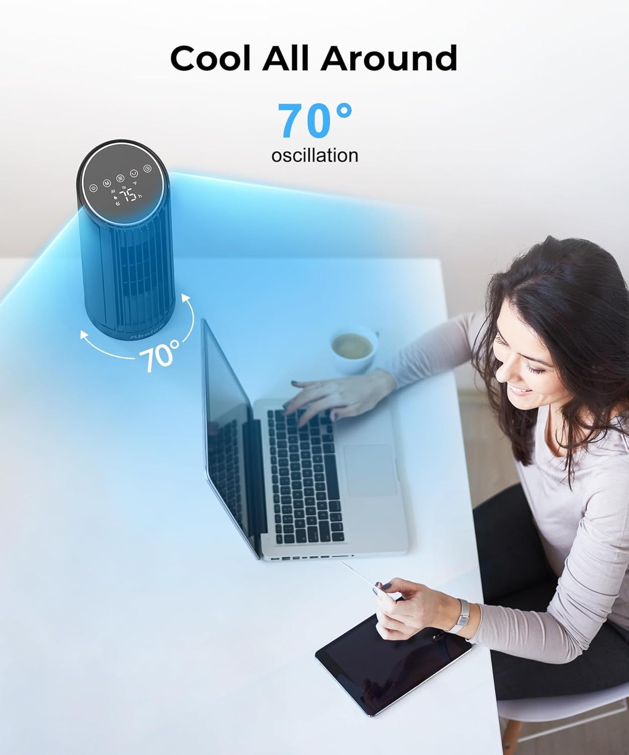 Tower Fan, 23ft/s Desk Fan with Remote, 70° Oscillating, Standing Table Fan with 4 Speeds, 4 Modes, 12Timer, 2026 New 13'' Bladeless Fan for Bedroom Office, Home