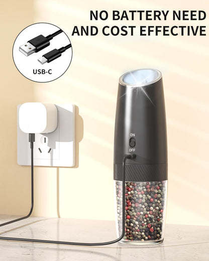 Rechargeable Electric Salt and Pepper Grinder Set Gravity Salt and Pepper Mills Set with LED Light, No Battery Needed, Adjustable Coarseness, Washable 135ml Container, Black