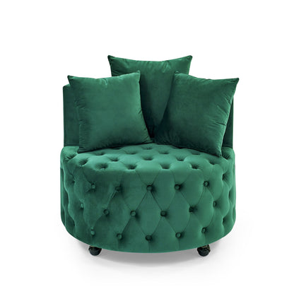 Velvet Upholstered Swivel Chair for Living Room, with Button Tufted Design and Movable Wheels, Including 3 Pillows
