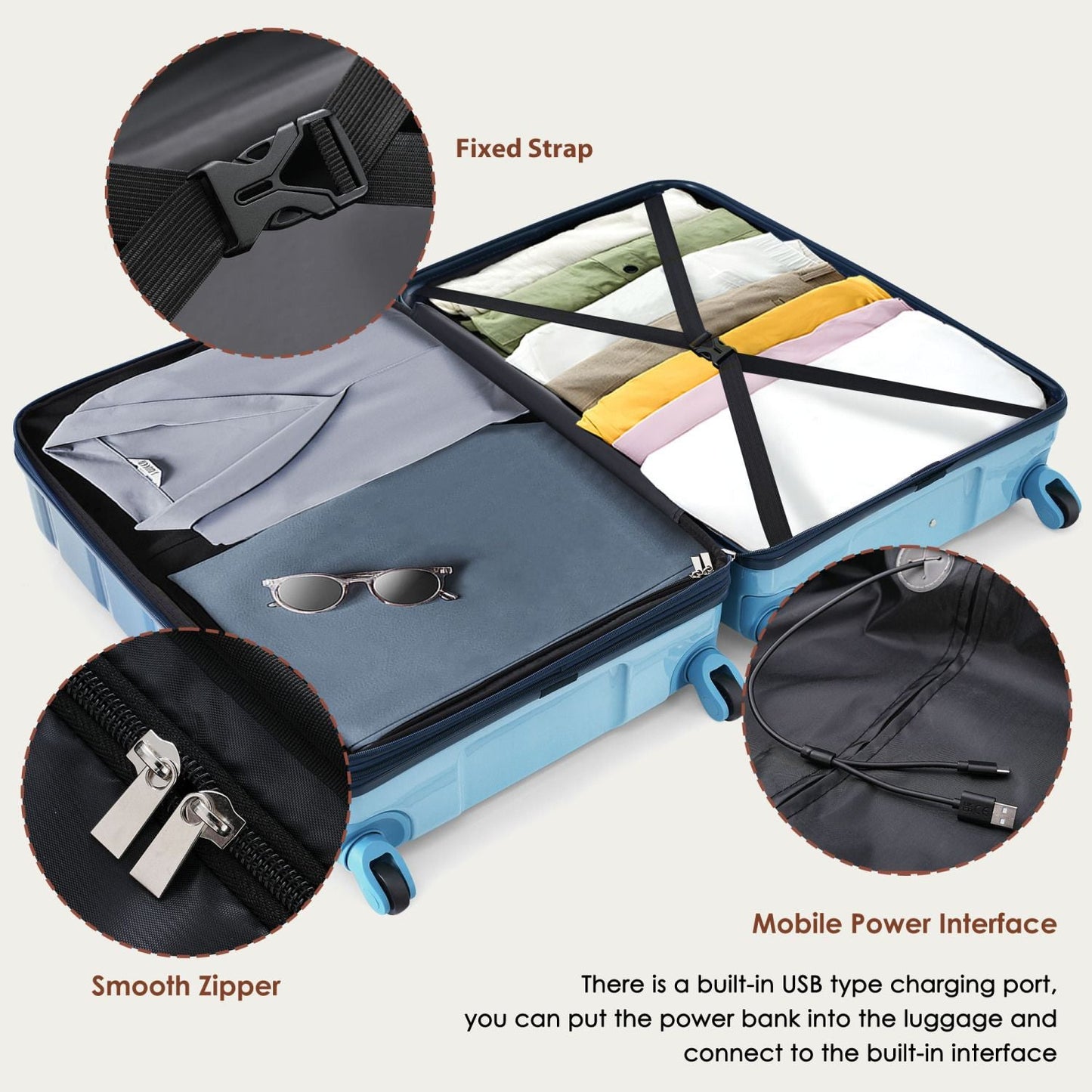Luggage Set of 3, 20-inch with USB Port, Airline Certified Carry-on Luggage , ABS+PC Hard Shell Luggage with Spinner Wheels, Gradient Blue
