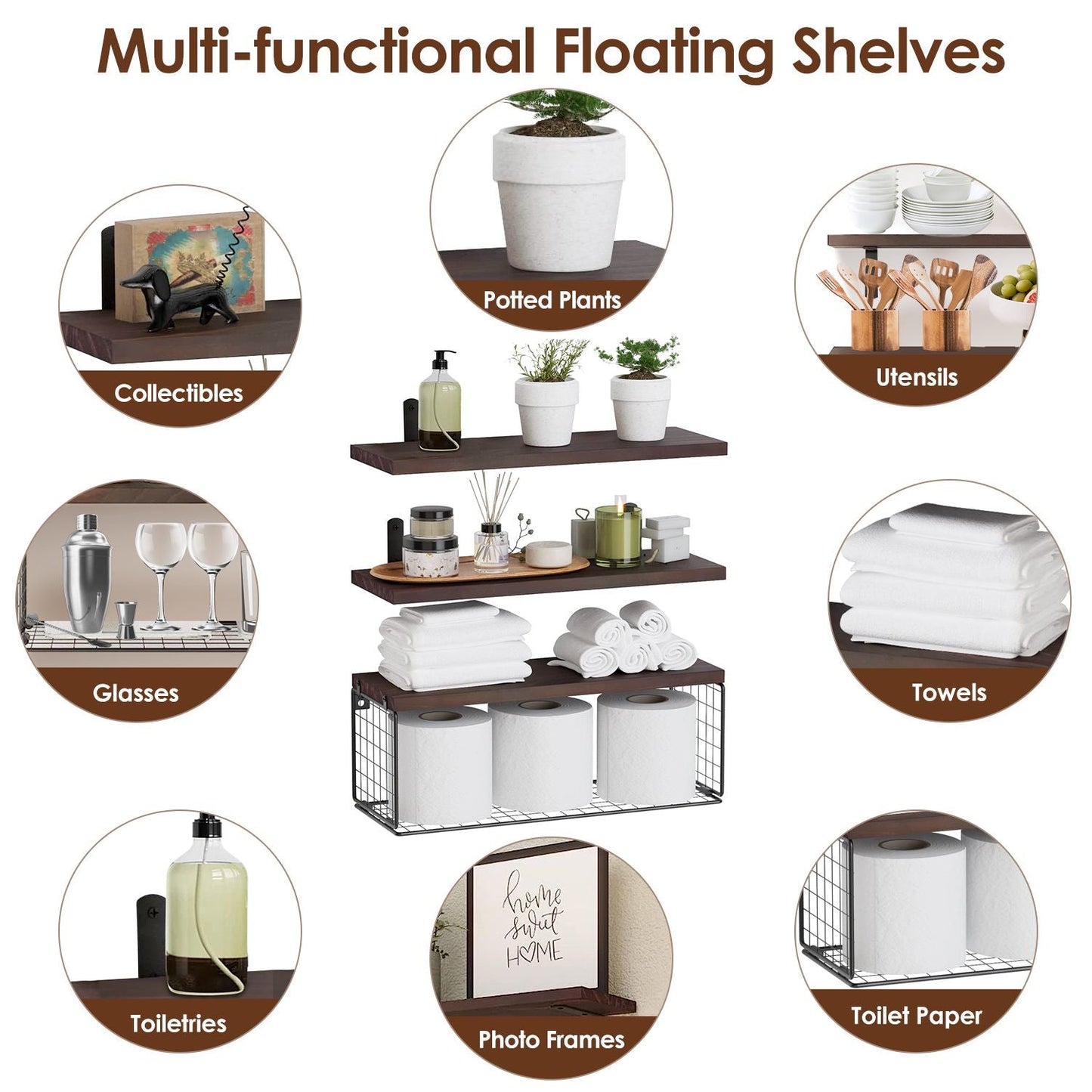 Rustic 2-in-1 Floating Shelves & Storage Basket - Durable Paulownia Wood, 66Lbs Capacity, Corrosion-Resistant Wall Decor