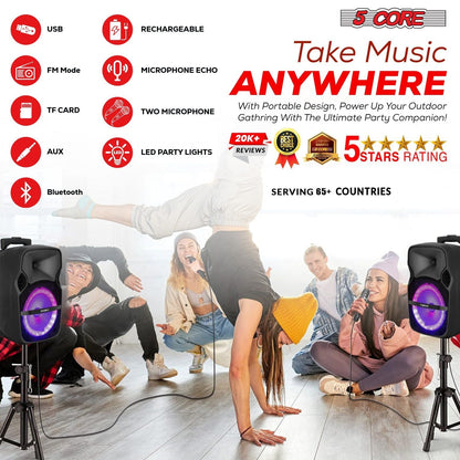 5 Core Party Speaker Bluetooth 250W Big Monster Powered Rechargeable Outdoor PA DJ System w Disco Lights 2 Wireless Karaoke Mics Portable Rolling Speakers w Handle Black - ACTIVE HOME 8 2-MIC