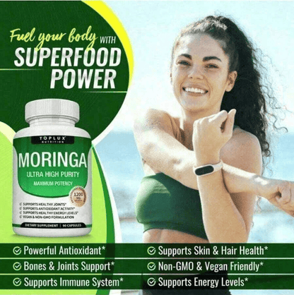 Moringa Capsules 1200mg - Pure Moringa Powder For Immune, Gut Health 90 Capsules