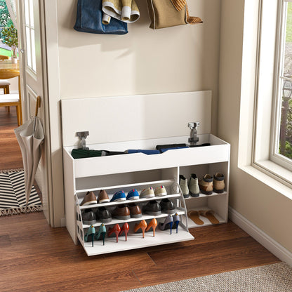 Entryway Bench with Shoe Storage,Adjustable 3-Tier Flip-Up Drawers & Hidden Cabinet,Space-Saving Shoe Organizer,Triple Storage and Modern Design,for Hallway and Living Room