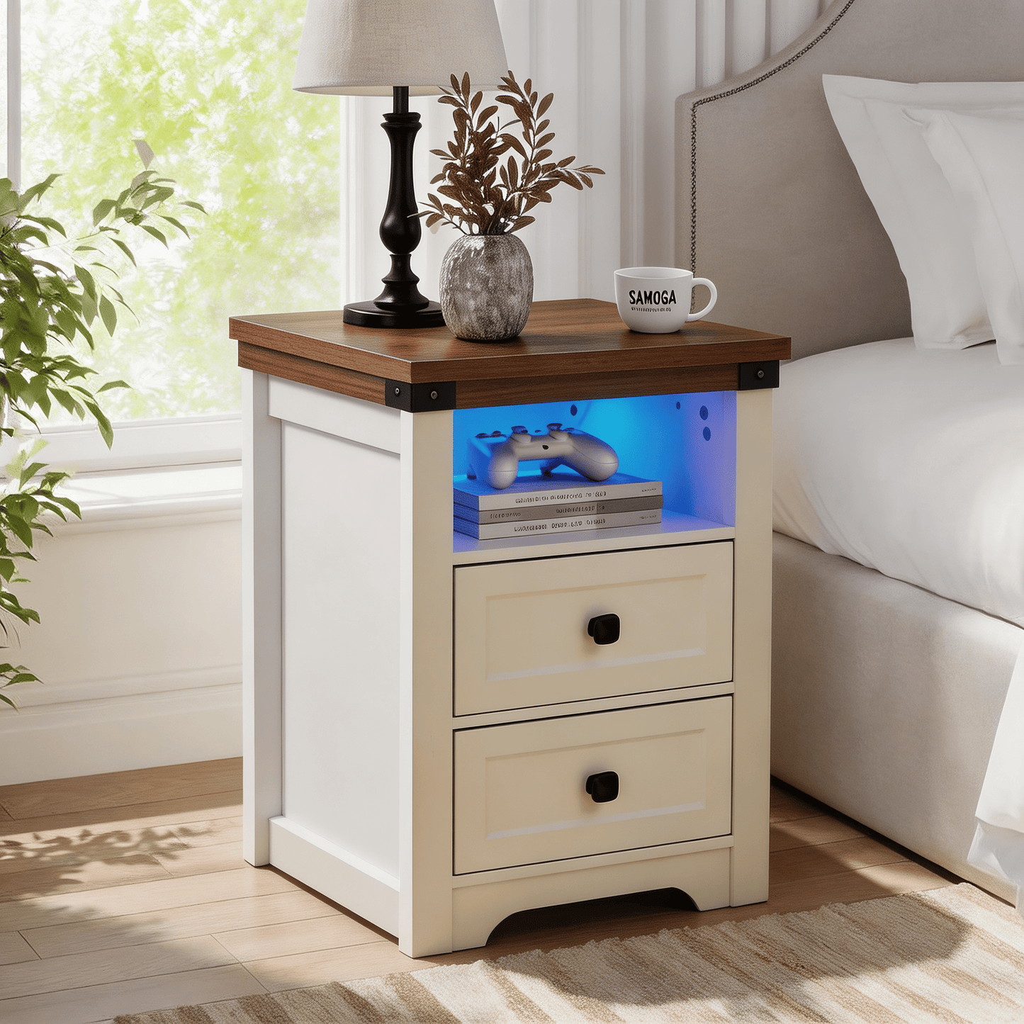 Farmhouse Side Table with Charging Station, Antique Nightstands with Drawers, Bedside Table with Open Shelf for Bedroom