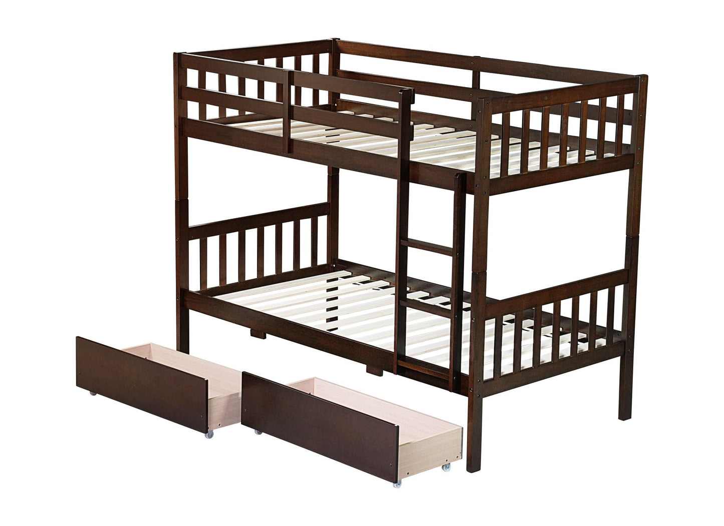 Twin Over Twin Rubber Wood Bunk Bed with 2 Drawers, Convertible into 2 Twin Beds, Twin Size Bunk Bed with Ladder and Safety Guardrails