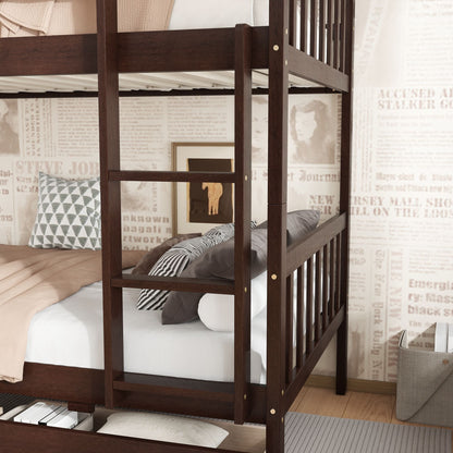 Twin Over Twin Rubber Wood Bunk Bed with 2 Drawers, Convertible into 2 Twin Beds, Twin Size Bunk Bed with Ladder and Safety Guardrails