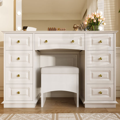 Luxurious Makeup Vanity with 10 Hollywood Bulbs, 3 Color Lighting Modes, Classic Dressing Table with Cushioned Stool and 9 Storage Drawers for Bedroom