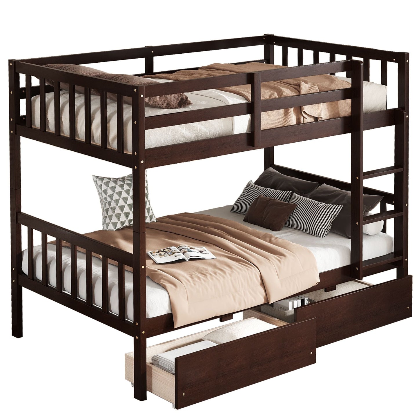 Twin Over Twin Rubber Wood Bunk Bed with 2 Drawers, Convertible into 2 Twin Beds, Twin Size Bunk Bed with Ladder and Safety Guardrails