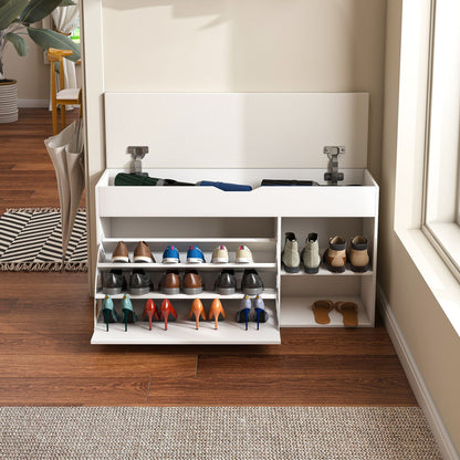 Entryway Bench with Shoe Storage,Adjustable 3-Tier Flip-Up Drawers & Hidden Cabinet,Space-Saving Shoe Organizer,Triple Storage and Modern Design,for Hallway and Living Room