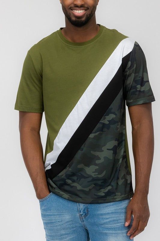Men's Short Sleeve Camo Color Block Tee for Casual Wear