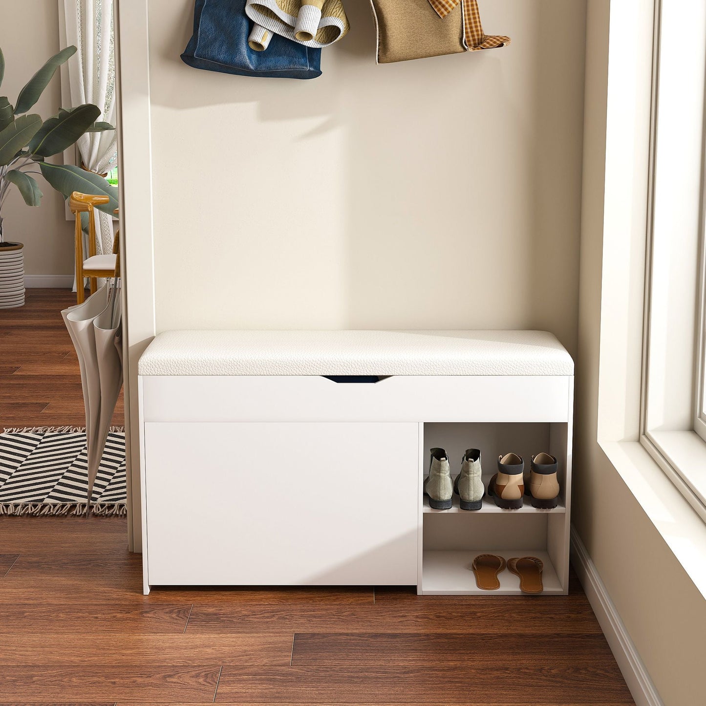 Entryway Bench with Shoe Storage,Adjustable 3-Tier Flip-Up Drawers & Hidden Cabinet,Space-Saving Shoe Organizer,Triple Storage and Modern Design,for Hallway and Living Room