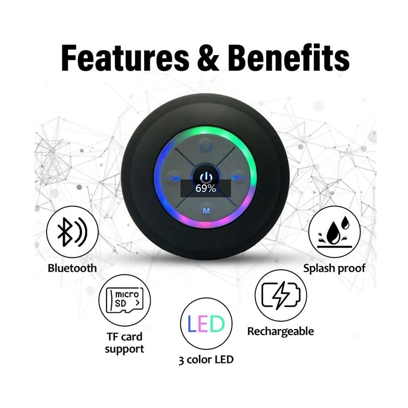 Waterproof Bluetooth Shower Speaker - USB Rechargeable, with Suction Cup Mount, Wireless Bathroom Speaker featuring Clear Audio and Easy Button Control (Black)