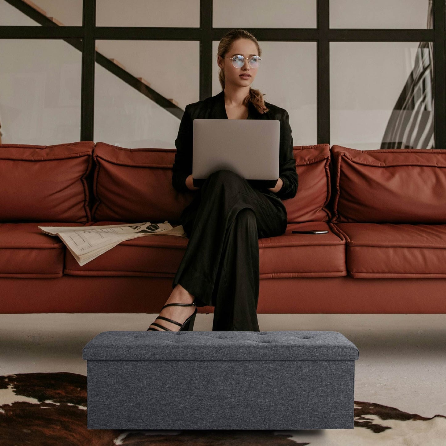 Folding Storage Ottoman Bench, Ottoman Foot Rest, End of Bed Bench, Storage Chest, for Living Room, Bedroom, Entryway, 43 Inches, Gray